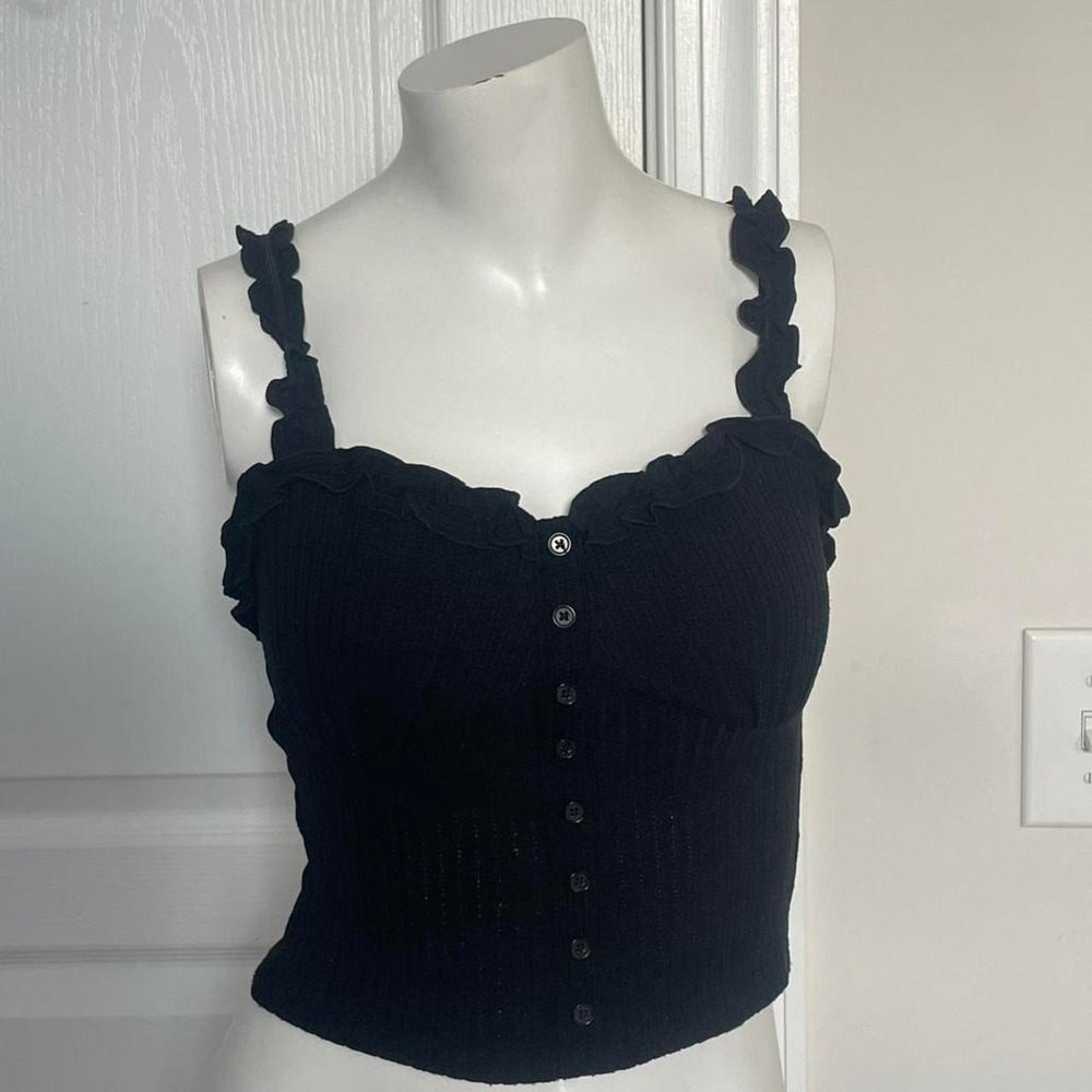 Forever 21 Black Ribbed Ruffle Button Front Crop Top